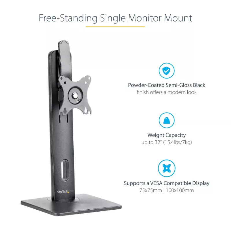 StarTech.com Soporte de monitor individual de pie – soporte de monitor de altura ajustable – para monitores VESA de hasta 32 inch (7 kg) – soporte de monitor ergonómico para el escritorio – inclinable/abatible/rotatorio