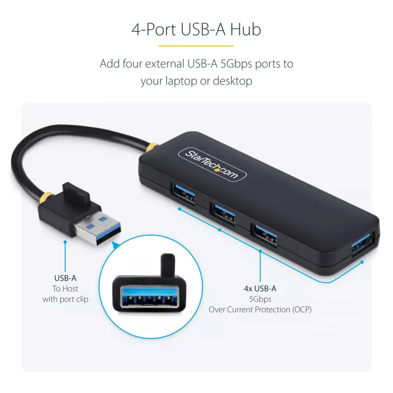 Hub USB-A de 4 puertos StarTech.com, 5 Gbit/s, alimentado por bus, mini hub USB de viaje compacto, splitter USB 3.0 multipuerto, hub USB portátil, protección contra sobrecorriente (OCP)
