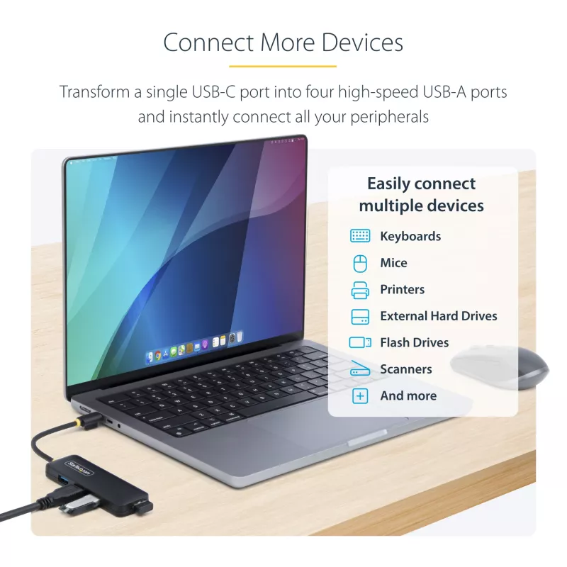 Hub USB-C de 4 puertos StarTech.com, 5 Gbit/s, USB-C a 4x USB-A, alimentado por bus, mini hub de viaje compacto, splitter USB 3.0 multipuerto, hub portátil, protección contra sobrecorriente