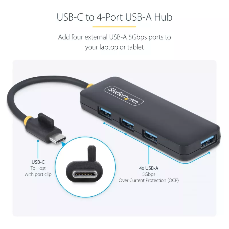 Hub USB-C de 4 puertos StarTech.com, 5 Gbit/s, USB-C a 4x USB-A, alimentado por bus, mini hub de viaje compacto, splitter USB 3.0 multipuerto, hub portátil, protección contra sobrecorriente