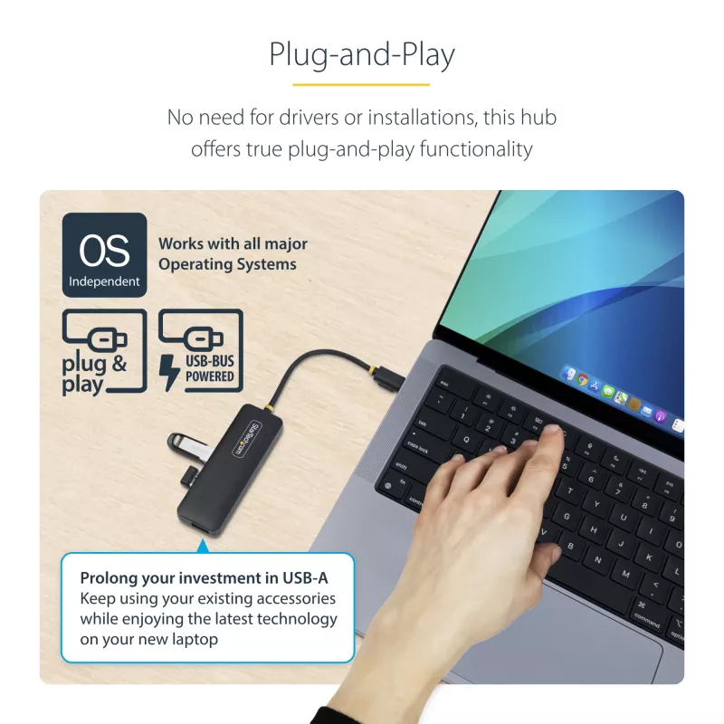 Hub USB-C de 4 puertos StarTech.com, 5 Gbit/s, USB-C a 4x USB-A, alimentado por bus, mini hub de viaje compacto, splitter USB 3.0 multipuerto, hub portátil, protección contra sobrecorriente