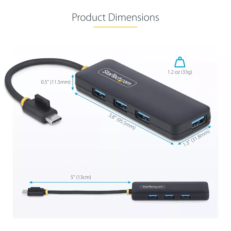 Hub USB-C de 4 puertos StarTech.com, 5 Gbit/s, USB-C a 4x USB-A, alimentado por bus, mini hub de viaje compacto, splitter USB 3.0 multipuerto, hub portátil, protección contra sobrecorriente