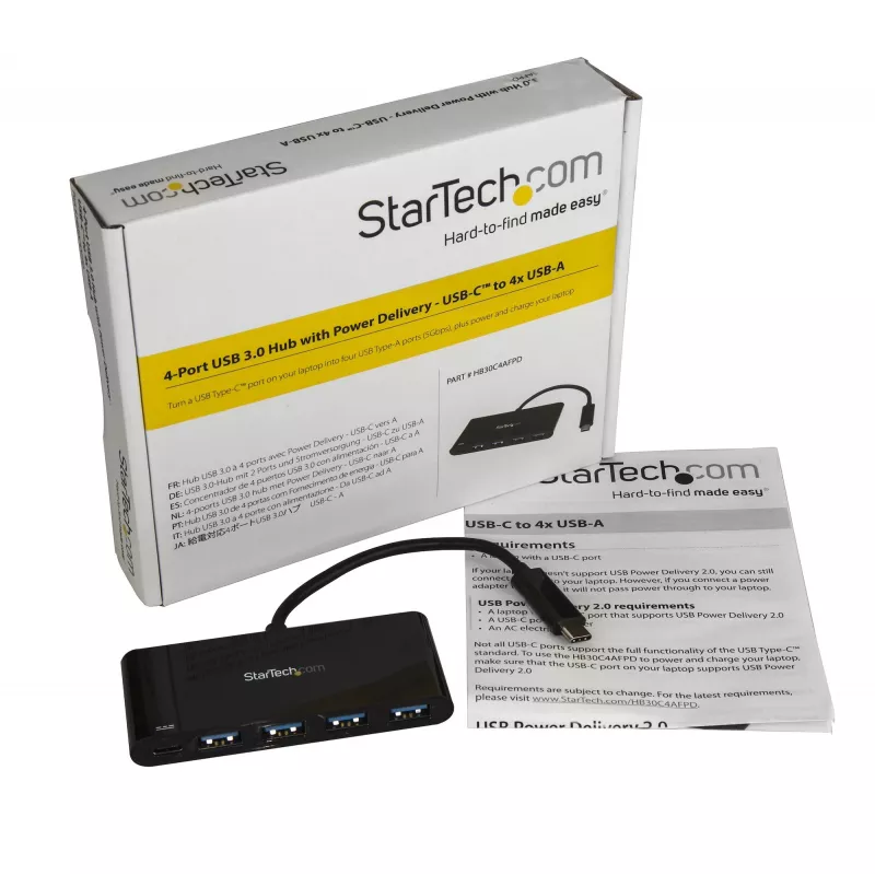 StarTech.com HB30C4AFPD hub USB-C de 4 puertos, de USB-C a 4x USB-A, USB 3.0 SuperSpeed 5Gbps, Power Delivery 2.0