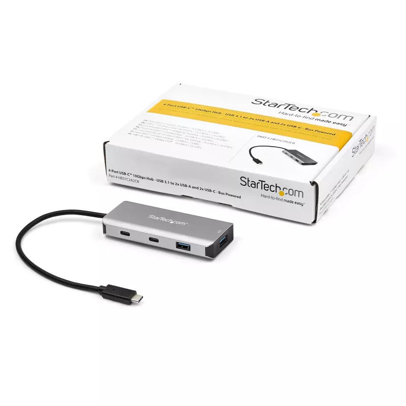 Hub USB C de 4 puertos StarTech.com con 2x USB A y 2x USB C – SuperSpeed 10 Gbit/s Hub USB Type-C 3.1/3.2 Gen 2 – alimentación por bus USB – Hub adaptador USB-C a USB portátil – aluminio – cable de 25 cm (9,8