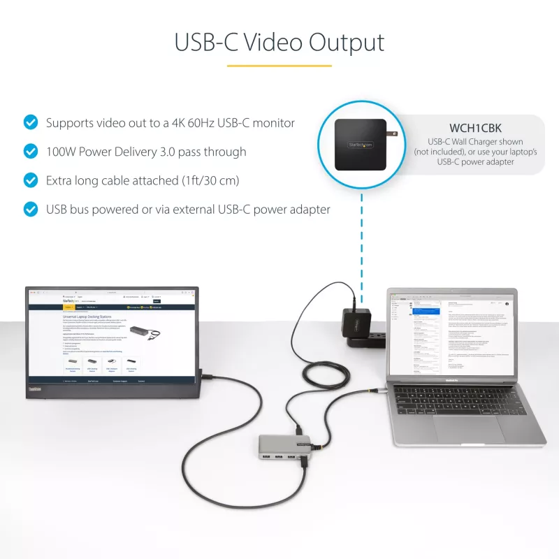Hub USB-C de 4 puertos StarTech.com con salida de vídeo USB-C DP Alt Mode 4K 60Hz - 3x USB-A, 1x USB Type-C, Power Delivery pasante de 100W, USB 3.2 10Gbps, cable de 30cm, hub USB portátil