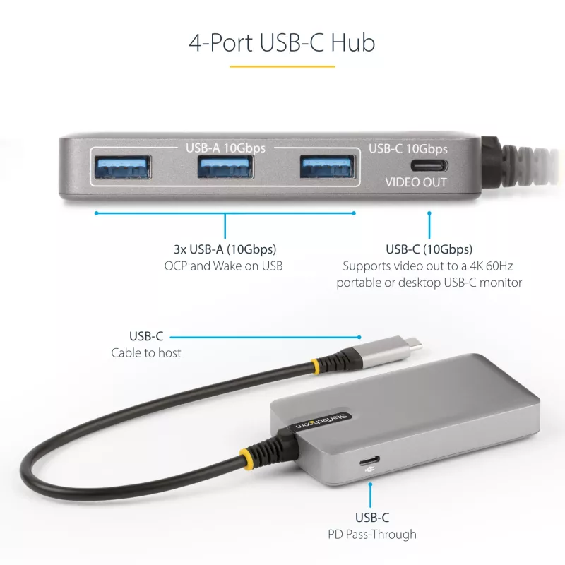 Hub USB-C de 4 puertos StarTech.com con salida de vídeo USB-C DP Alt Mode 4K 60Hz - 3x USB-A, 1x USB Type-C, Power Delivery pasante de 100W, USB 3.2 10Gbps, cable de 30cm, hub USB portátil