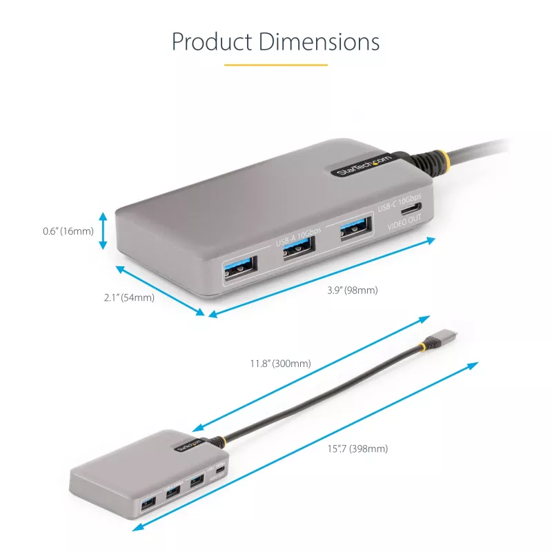 Hub USB-C de 4 puertos StarTech.com con salida de vídeo USB-C DP Alt Mode 4K 60Hz - 3x USB-A, 1x USB Type-C, Power Delivery pasante de 100W, USB 3.2 10Gbps, cable de 30cm, hub USB portátil