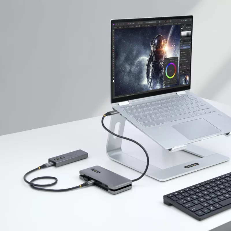 StarTech.com HB31CM1A3CB hub USB-C de 4 puertos, 1x USB-A + 3x USB-C, USB 3.2 Gen 2 10 Gbps, alimentado por bus, cable envolvente de 25 cm (9,8 pulgadas)