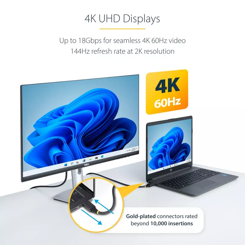 Cable HDMI de alta velocidad de 30cm (1ft) StarTech.com, 4K 60Hz/1440p 144Hz, HDR10/HDCP 2.2/ARC, 18Gbps, cable HDMI UHD 2.0 para TV/monitor/pantalla, funda TPE