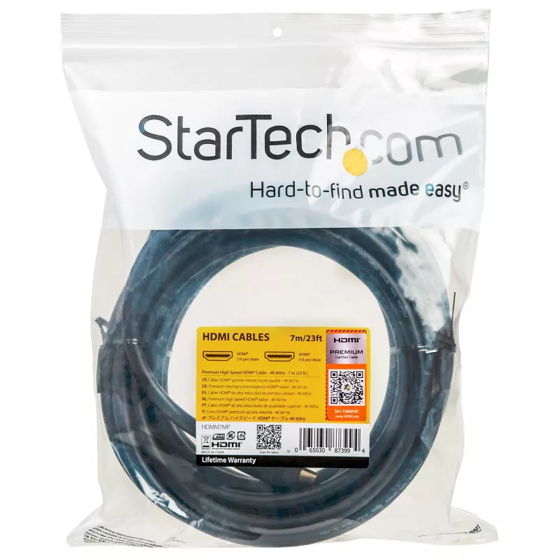 Cable HDMI 2.0 premium certificado de 7m con Ethernet StarTech.com - cable HDMI High Speed Ultra HD 4K 60Hz HDR10 - cable HDMI largo (macho/macho) - para monitores UHD, TVs, pantallas