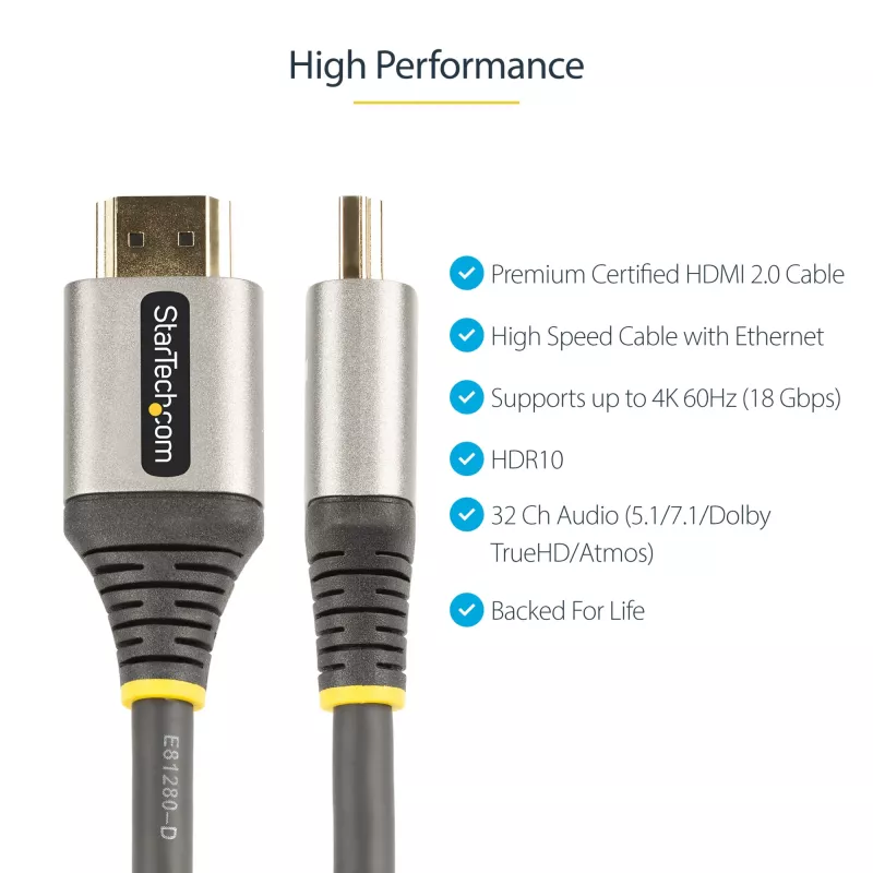 Cable HDMI 2.0 premium certificado de 4m StarTech.com - cable HDMI High Speed Ultra HD 4K 60Hz con Ethernet - HDR10, ARC - cable de vídeo HDMI UHD - para monitores UHD, televisores, pantallas - M/M