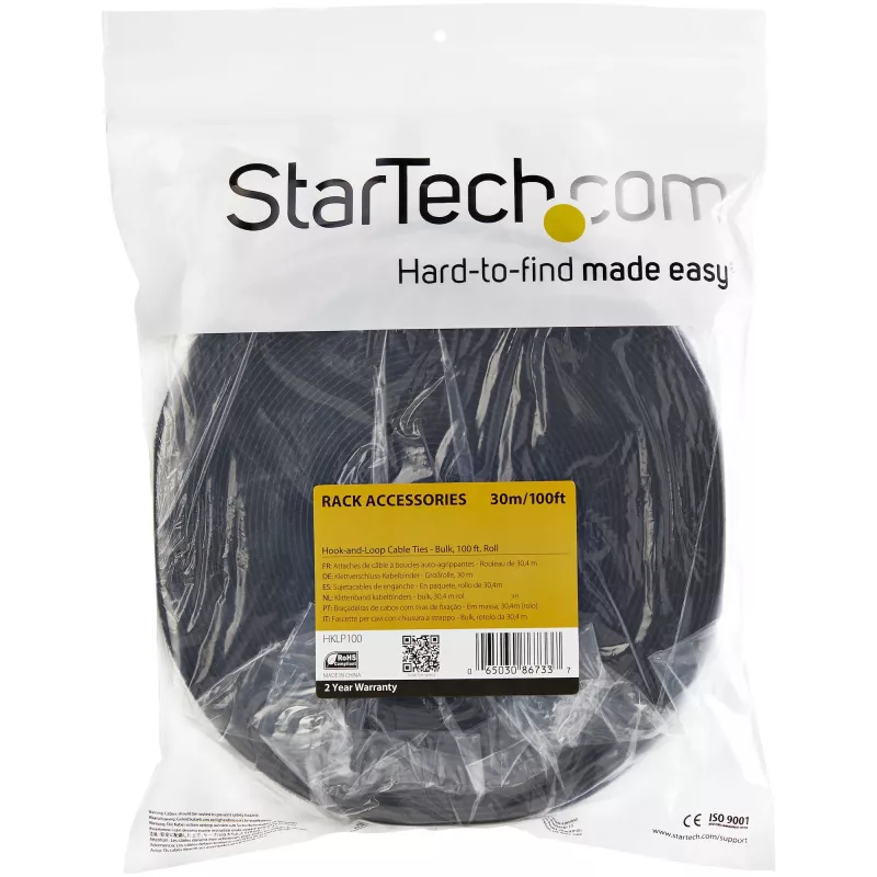 Rollo de cinta de velcro de 8,5 m StarTech.com - bridas reutilizables cortables - cinta industrial de sujeción de cables en rollo / envolturas textiles ajustables negras / cintas de gestión de cables autoadhesivas reutilizables