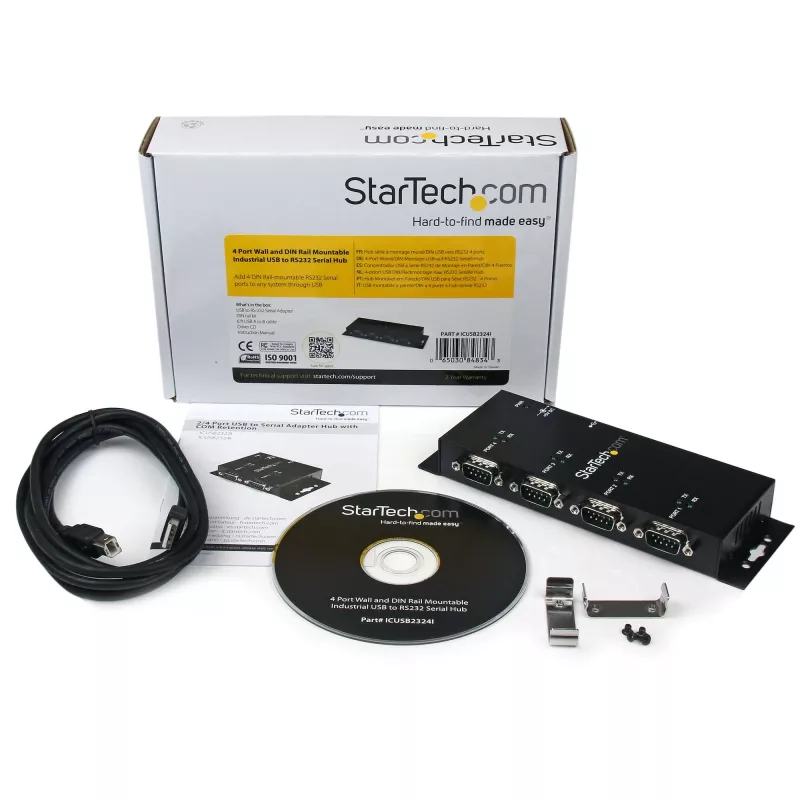 StarTech.com Hub adaptador USB a serie DB9 RS232 de 4 puertos – Montaje industrial en carril DIN y pared