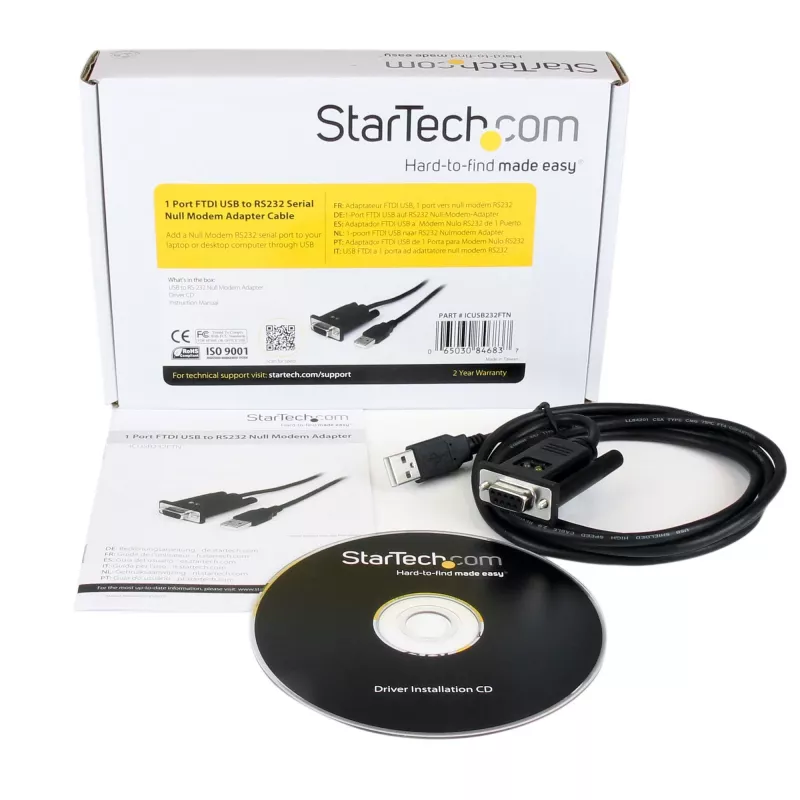StarTech.com ICUSB232FTN cable adaptador de USB a serie null modem RS232 DB9 DCE de 1 puerto, FTDI, USB 2.0, negro