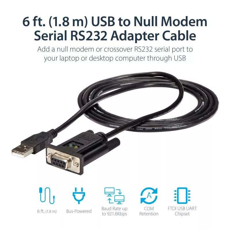StarTech.com ICUSB232FTN cable adaptador de USB a serie null modem RS232 DB9 DCE de 1 puerto, FTDI, USB 2.0, negro