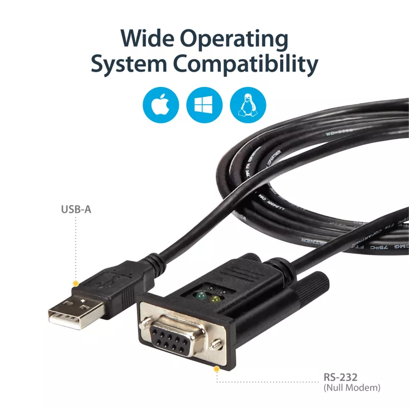 StarTech.com ICUSB232FTN cable adaptador de USB a serie null modem RS232 DB9 DCE de 1 puerto, FTDI, USB 2.0, negro