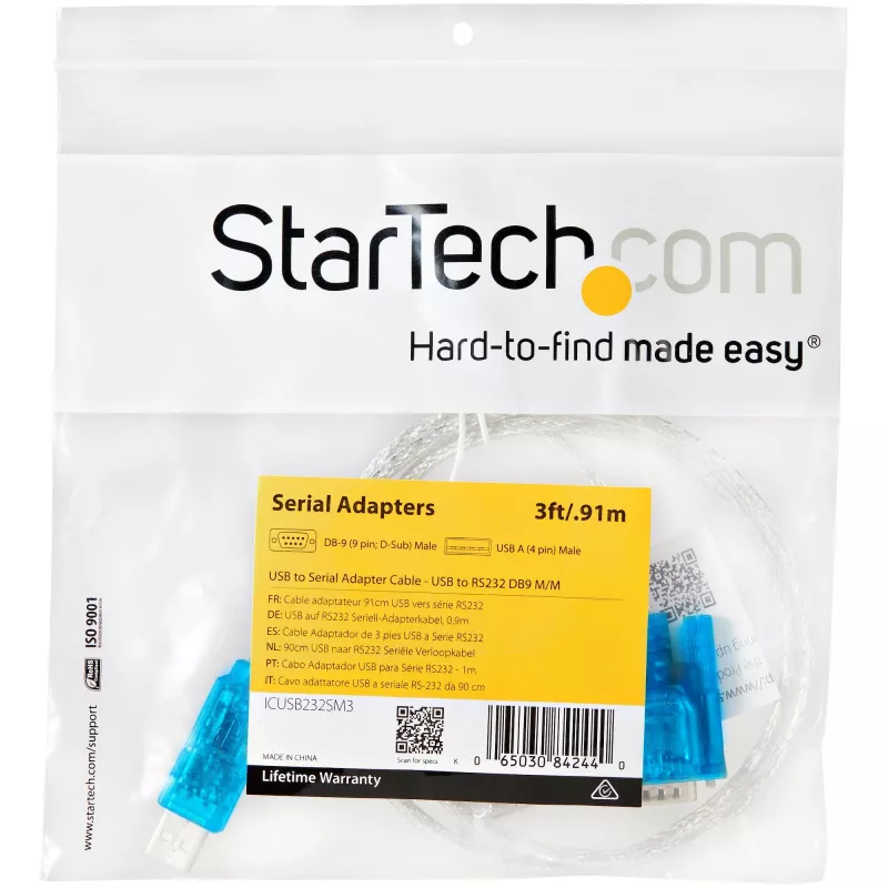 StarTech.com Cable adaptador de USB a serie RS232 DB9 de 1 puerto de 3ft (91 cm), cable adaptador de USB a serie – M/M