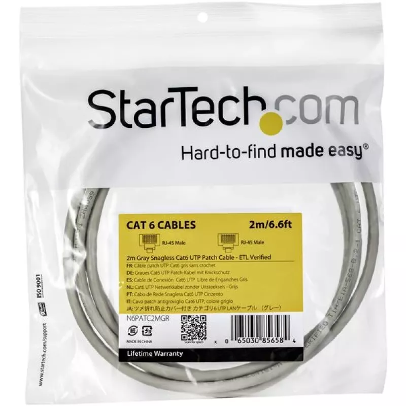 Cable Ethernet StarTech.com 2 m CAT6 – gris, cable Gigabit Ethernet CAT 6 – 250 MHz, 100 W PoE, RJ45, UTP, de red/parcheo, sin enganches con alivio de tensión, probado individualmente