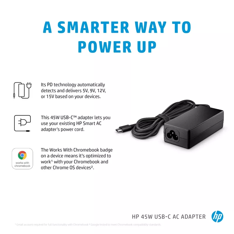 Adaptador de CA HP 45W USB-C, portátil, interior, 45 W, 3 A, Spectre x2 12-a0xx; HP Pavilion x2 10-n1xx; Pavilion x2 10-n0xx, hogar
