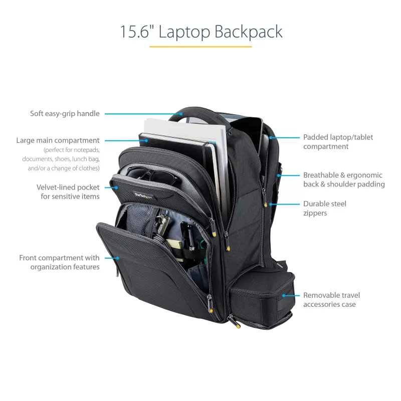 StarTech.com Mochila para portátil de 15,6 pulgadas con organizador de accesorios extraíble - Mochila profesional IT-Tech para trabajo/viaje/desplazamiento - Bolsa ergonómica para ordenador - Nylon balístico resistente - Compartimentos para portátil/tablet
