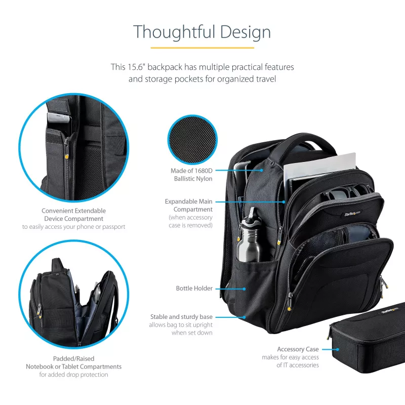StarTech.com Mochila para portátil de 15,6 pulgadas con organizador de accesorios extraíble - Mochila profesional IT-Tech para trabajo/viaje/desplazamiento - Bolsa ergonómica para ordenador - Nylon balístico resistente - Compartimentos para portátil/tablet