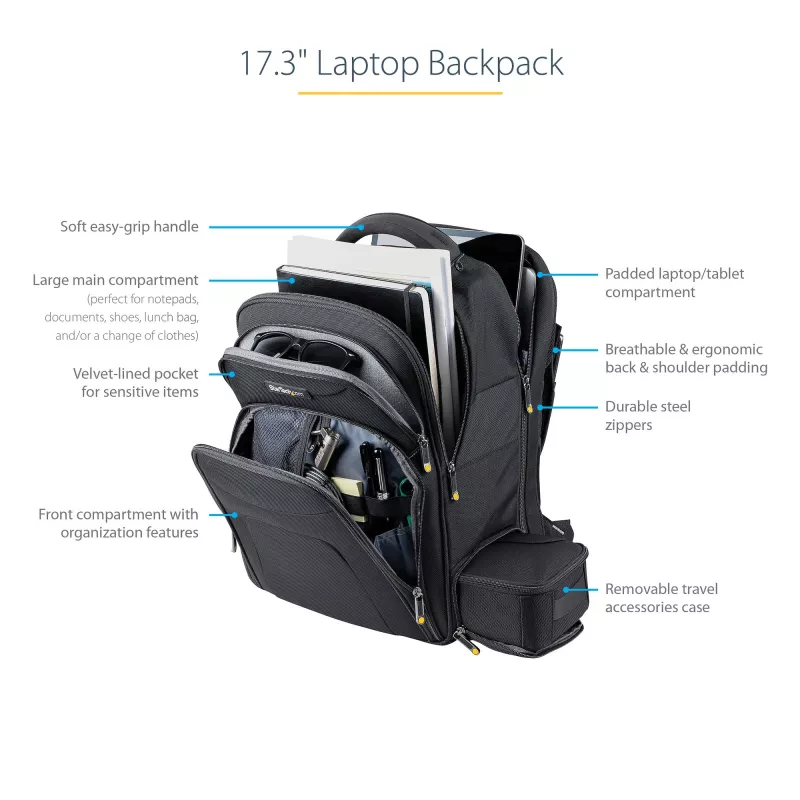 StarTech.com Mochila para portátil de 17,3 pulgadas con estuche organizador de accesorios extraíble – Mochila profesional IT-Tech para trabajo/viaje/desplazamiento – Bolsa ergonómica para ordenador – Nylon balístico resistente – Compartimentos para portátil/tablet