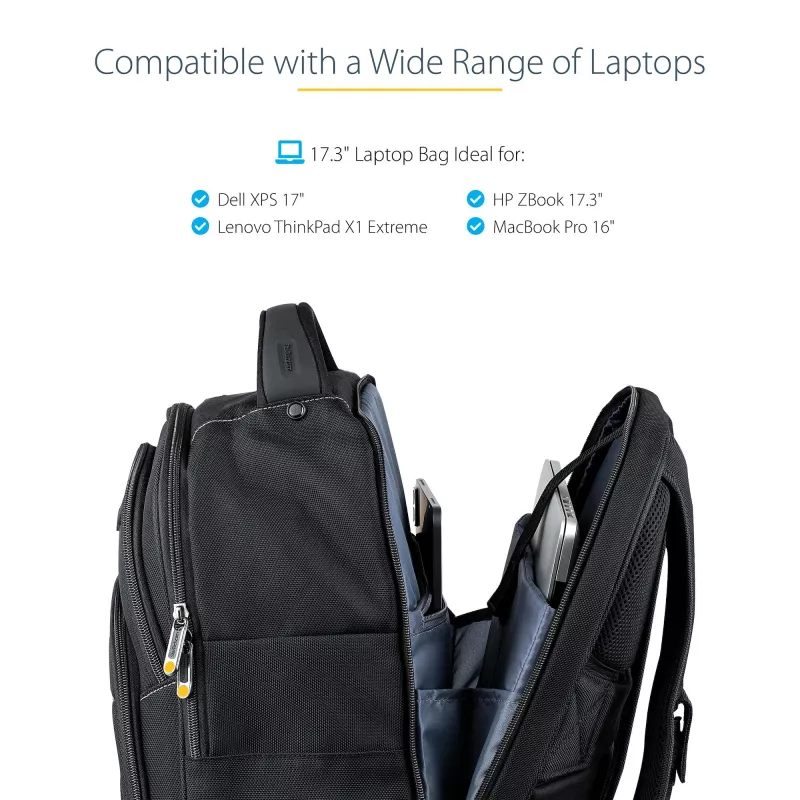 StarTech.com Mochila para portátil de 17,3 pulgadas con estuche organizador de accesorios extraíble – Mochila profesional IT-Tech para trabajo/viaje/desplazamiento – Bolsa ergonómica para ordenador – Nylon balístico resistente – Compartimentos para portátil/tablet