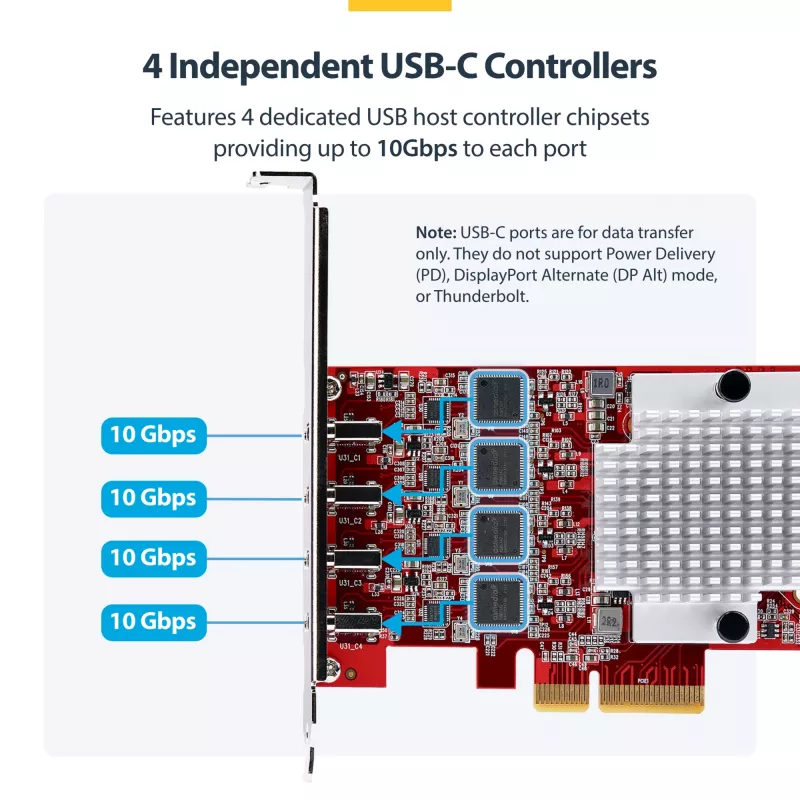 StarTech.com Tarjeta PCIe USB Type-C de 4 puertos, USB 3.2 10Gbps, tarjeta de expansión USB-C PCI Express, 4x controladores USB independientes, Windows/Linux/macOS, conforme TAA