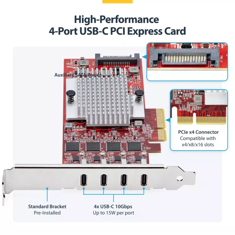 StarTech.com Tarjeta PCIe USB Type-C de 4 puertos, USB 3.2 10Gbps, tarjeta de expansión USB-C PCI Express, 4x controladores USB independientes, Windows/Linux/macOS, conforme TAA