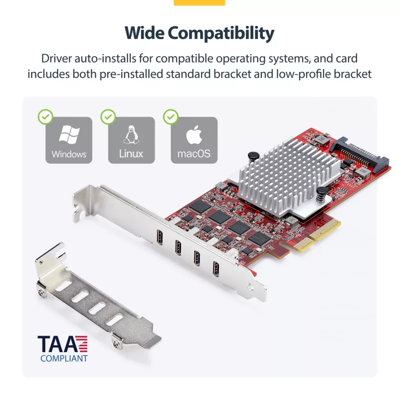 StarTech.com Tarjeta PCIe USB Type-C de 4 puertos, USB 3.2 10Gbps, tarjeta de expansión USB-C PCI Express, 4x controladores USB independientes, Windows/Linux/macOS, conforme TAA