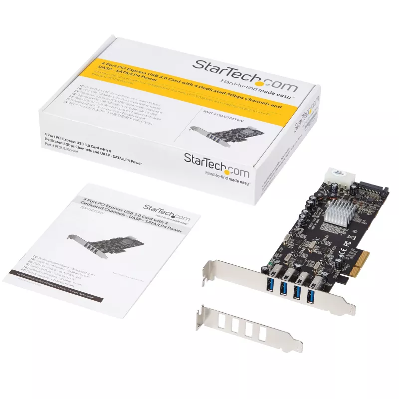 Tarjeta PCIe StarTech.com de 4 puertos USB 3.0 con 4 canales dedicados de 5 Gbps (USB 3.1 Gen 1) – UASP – alimentación SATA / LP4 – tarjeta adaptadora PCI Express