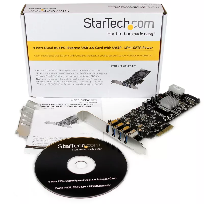 Tarjeta PCIe StarTech.com de 4 puertos USB 3.0 con 4 canales dedicados de 5 Gbps (USB 3.1 Gen 1) – UASP – alimentación SATA / LP4 – tarjeta adaptadora PCI Express