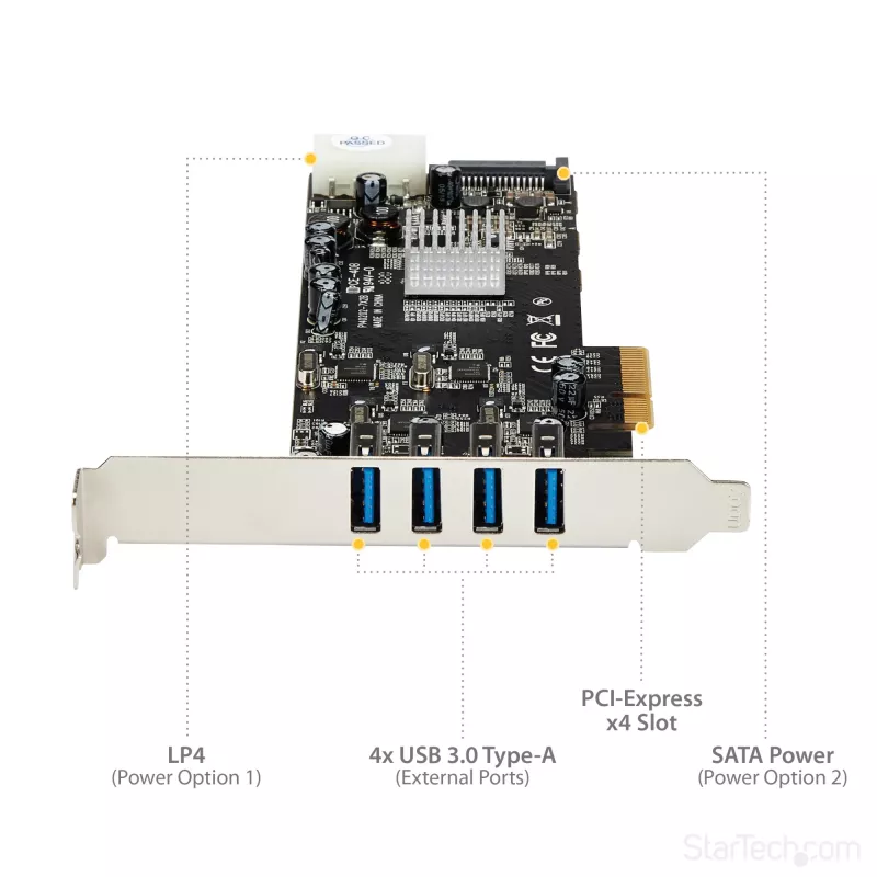 Tarjeta PCIe StarTech.com de 4 puertos USB 3.0 con 4 canales dedicados de 5 Gbps (USB 3.1 Gen 1) – UASP – alimentación SATA / LP4 – tarjeta adaptadora PCI Express