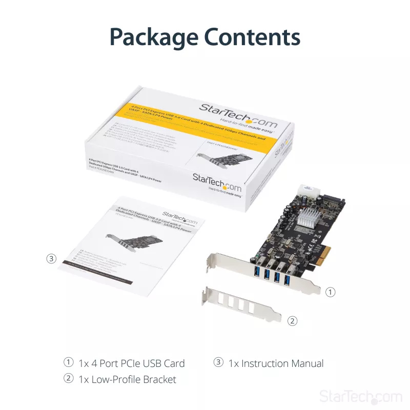Tarjeta PCIe StarTech.com de 4 puertos USB 3.0 con 4 canales dedicados de 5 Gbps (USB 3.1 Gen 1) – UASP – alimentación SATA / LP4 – tarjeta adaptadora PCI Express