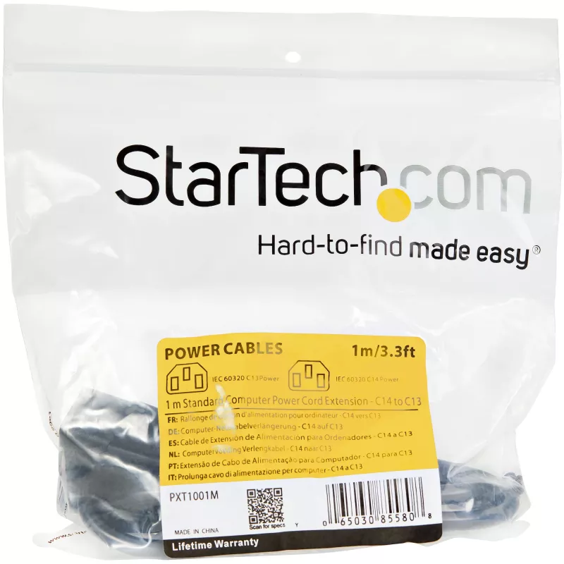 StarTech.com Cable alargador de corriente de 1m, C14 a C13, 10A 125V, 18AWG, cable alargador de corriente para ordenador, cable de alimentación de CA IEC-320-C14 a IEC-320-C13 para fuentes de alimentación, certificado UL
