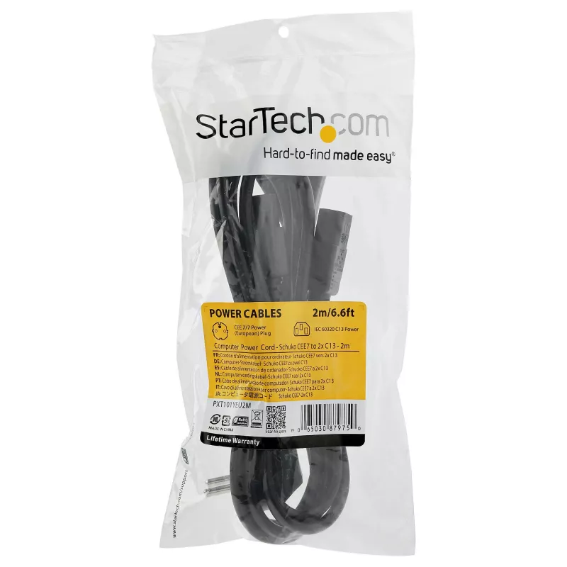 StarTech.com Cable de alimentación de ordenador en Y de 2m (6ft), 18AWG, EU Schuko a 2x C13, 10A 250V, cable de CA de repuesto negro, cable de alimentación de impresora, cable de fuente de alimentación de PC, cable de alimentación de monitor – certificado UL