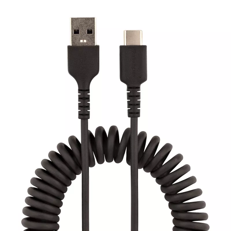 StarTech.com Cable de carga USB-A a C de 50cm (20in), cable espiral Heavy Duty carga rápida y sincronización, cable USB 2.0 A a USB Type-C de alta calidad, fibra de aramida resistente, cable USB macho a macho duradero