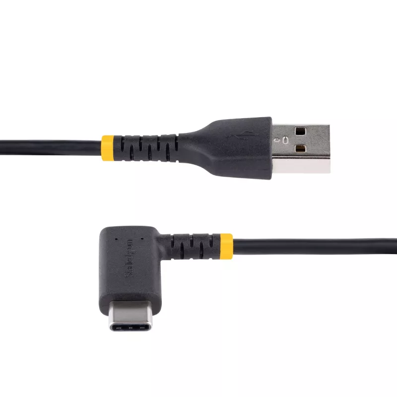 StarTech.com Cable de carga USB-A a C de 1ft (30cm), en ángulo – Cable USB-C de carga rápida resistente – Negro USB 2.0 A a Type-C – Fibra de aramida resistente – 3A – cable de carga USB