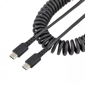StarTech.com Cable de carga USB-C de 1m, cable espiral, Heavy Duty, carga rápida y sincronización, cable USB 2.0 Type-C, fibra de aramida resistente, cable USB macho a macho duradero, negro
