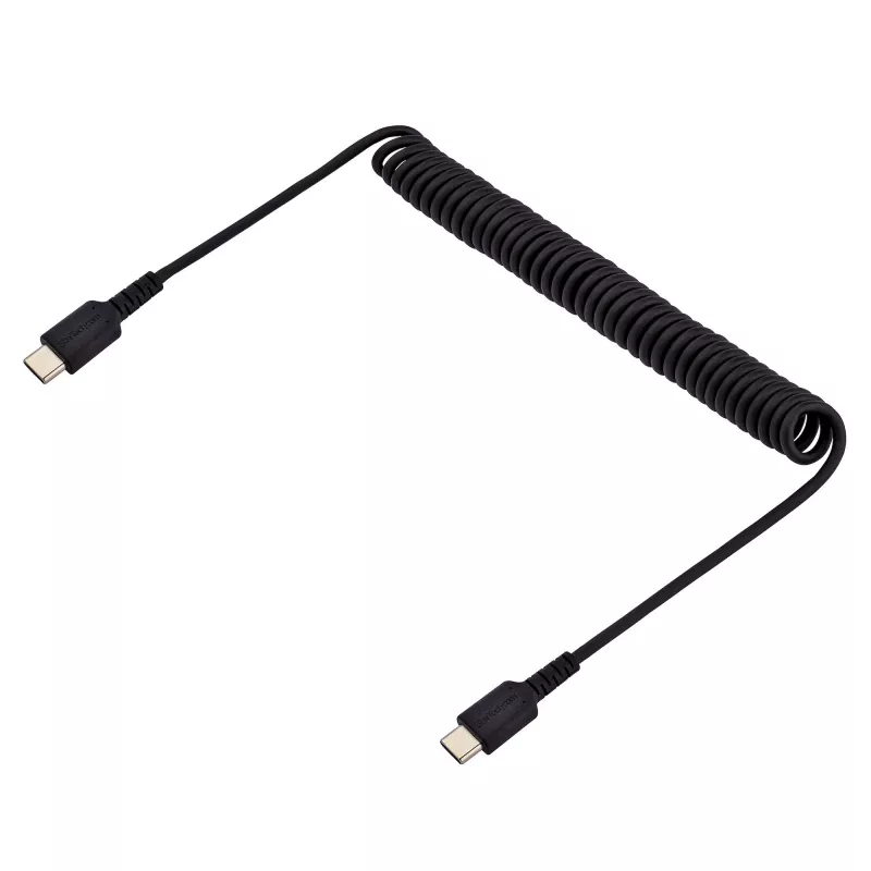 StarTech.com Cable de carga USB-C de 1m, cable espiral, Heavy Duty, carga rápida y sincronización, cable USB 2.0 Type-C, fibra de aramida resistente, cable USB macho a macho duradero, negro