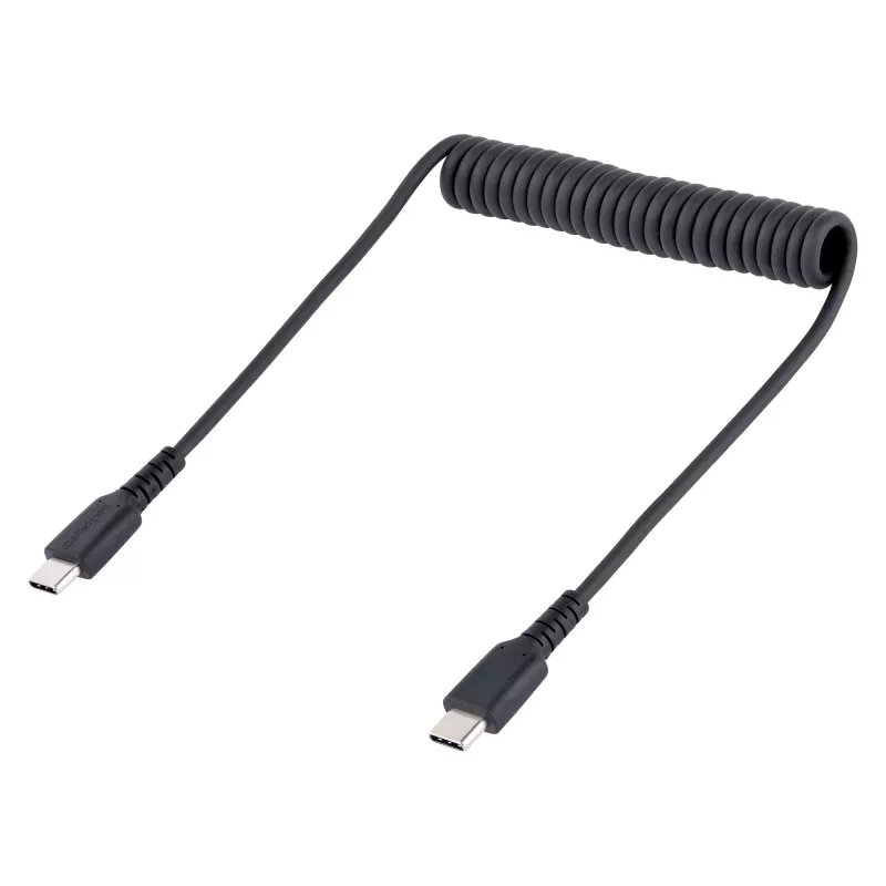 StarTech.com Cable de carga USB-C de 20in (50cm), cable espiral, resistente, carga rápida y sincronización, USB 2.0 Type-C, con fibra de aramida resistente, cable USB macho a macho duradero, Negro