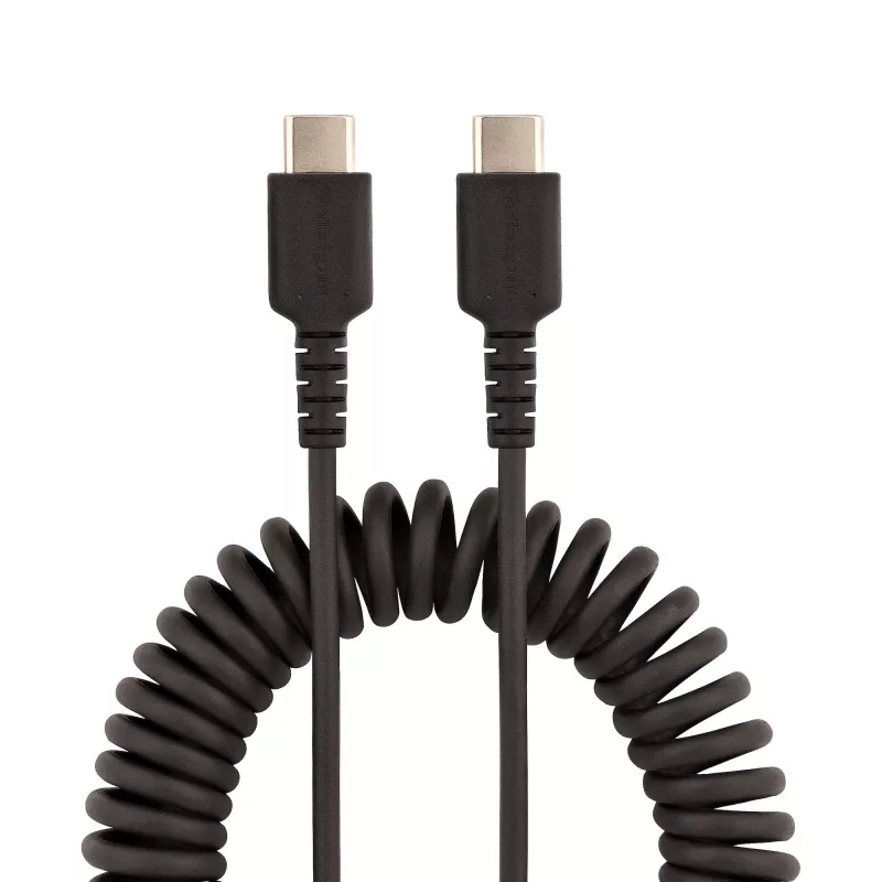 StarTech.com Cable de carga USB-C de 20in (50cm), cable espiral, resistente, carga rápida y sincronización, USB 2.0 Type-C, con fibra de aramida resistente, cable USB macho a macho duradero, Negro