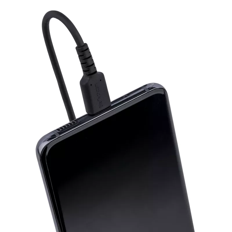StarTech.com Cable de carga USB-C de 20in (50cm), cable espiral, resistente, carga rápida y sincronización, USB 2.0 Type-C, con fibra de aramida resistente, cable USB macho a macho duradero, Negro