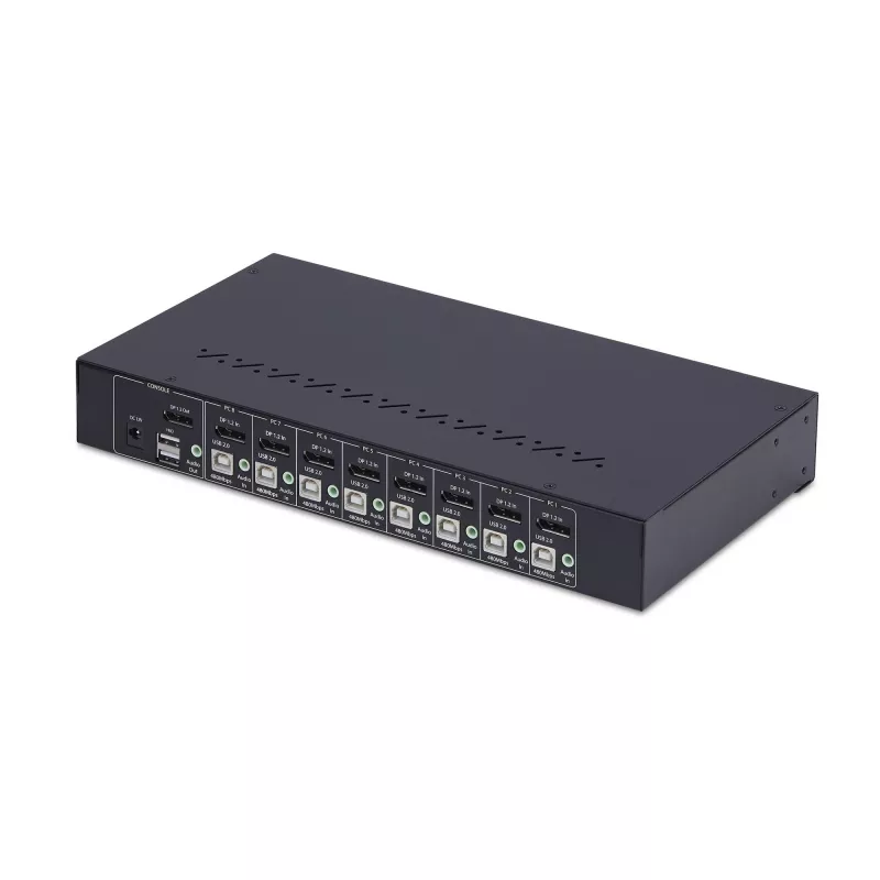 StarTech.com Conmutador KVM DisplayPort de 8 puertos con kit de montaje en rack 1U, 4K 60 Hz DP 1.2, conmutación por botón y tecla de acceso rápido, hub USB de 4 puertos, independiente del sistema operativo, conforme a TAA