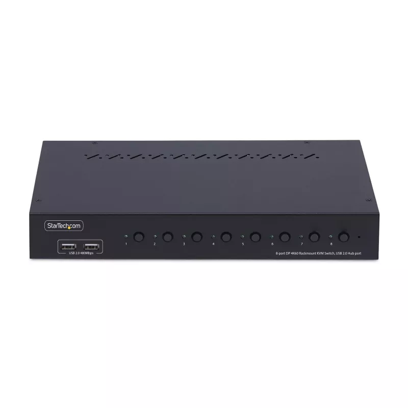 StarTech.com Conmutador KVM DisplayPort de 8 puertos con kit de montaje en rack 1U, 4K 60 Hz DP 1.2, conmutación por botón y tecla de acceso rápido, hub USB de 4 puertos, independiente del sistema operativo, conforme a TAA