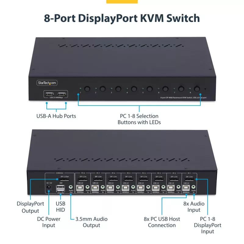 StarTech.com Conmutador KVM DisplayPort de 8 puertos con kit de montaje en rack 1U, 4K 60 Hz DP 1.2, conmutación por botón y tecla de acceso rápido, hub USB de 4 puertos, independiente del sistema operativo, conforme a TAA