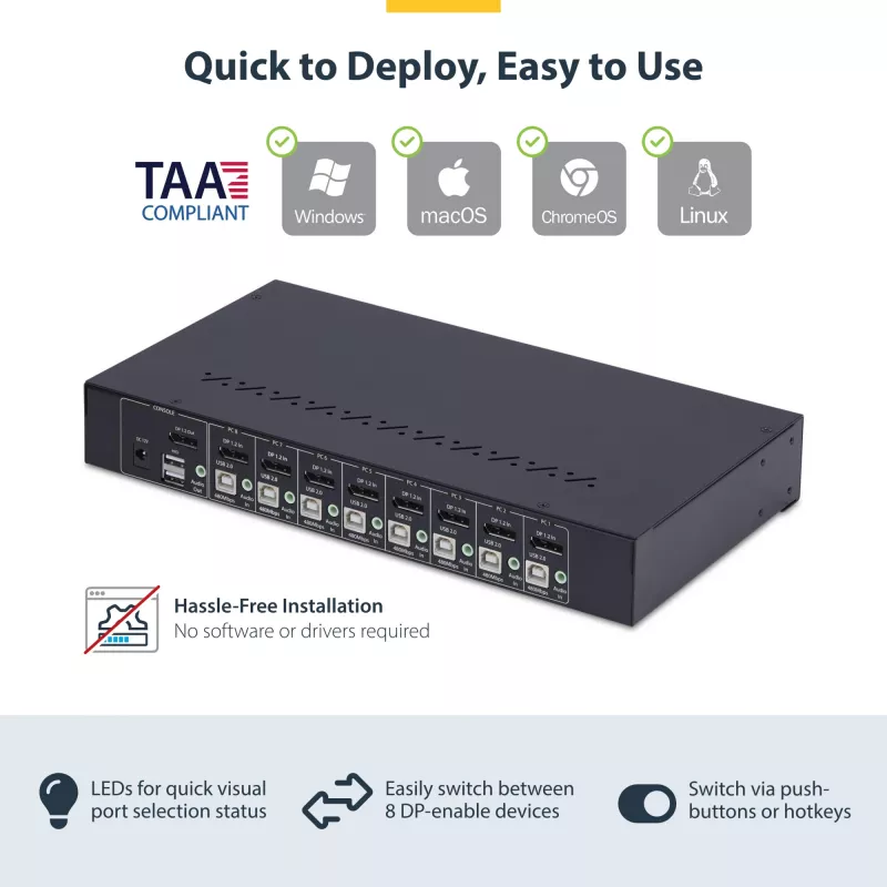 StarTech.com Conmutador KVM DisplayPort de 8 puertos con kit de montaje en rack 1U, 4K 60 Hz DP 1.2, conmutación por botón y tecla de acceso rápido, hub USB de 4 puertos, independiente del sistema operativo, conforme a TAA