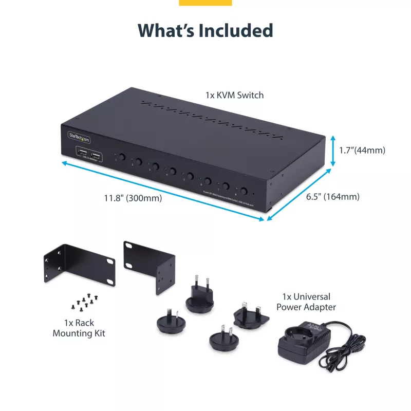 StarTech.com Conmutador KVM DisplayPort de 8 puertos con kit de montaje en rack 1U, 4K 60 Hz DP 1.2, conmutación por botón y tecla de acceso rápido, hub USB de 4 puertos, independiente del sistema operativo, conforme a TAA