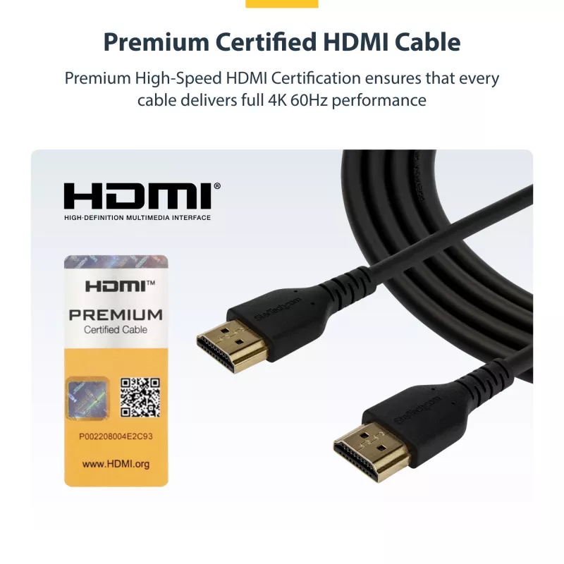 StarTech.com Cable HDMI 2.0 Slim de 6 ft (2 m), cable HDMI premium certificado flexible con Ethernet, UHD 4K 60 Hz HDR10, diseño duradero de fibra de aramida con funda de TPE