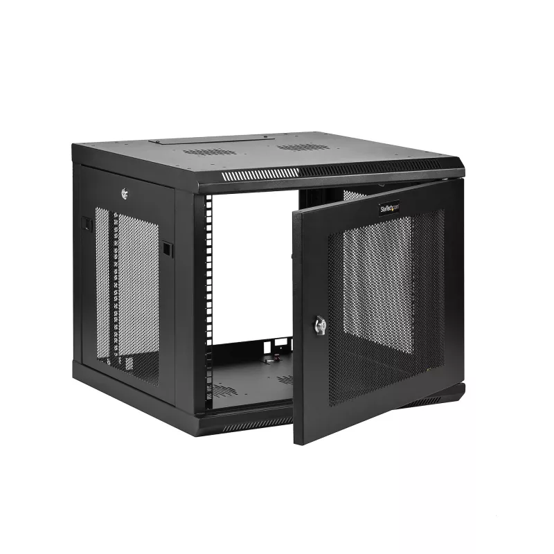 StarTech.com Rack de red de montaje en pared de 4 postes y 9U con bandeja de 1U, rack de servidor de montaje en pared de 19 pulgadas para equipos de datos/AV/electrónica/informática, caja de rack ventilada pequeña